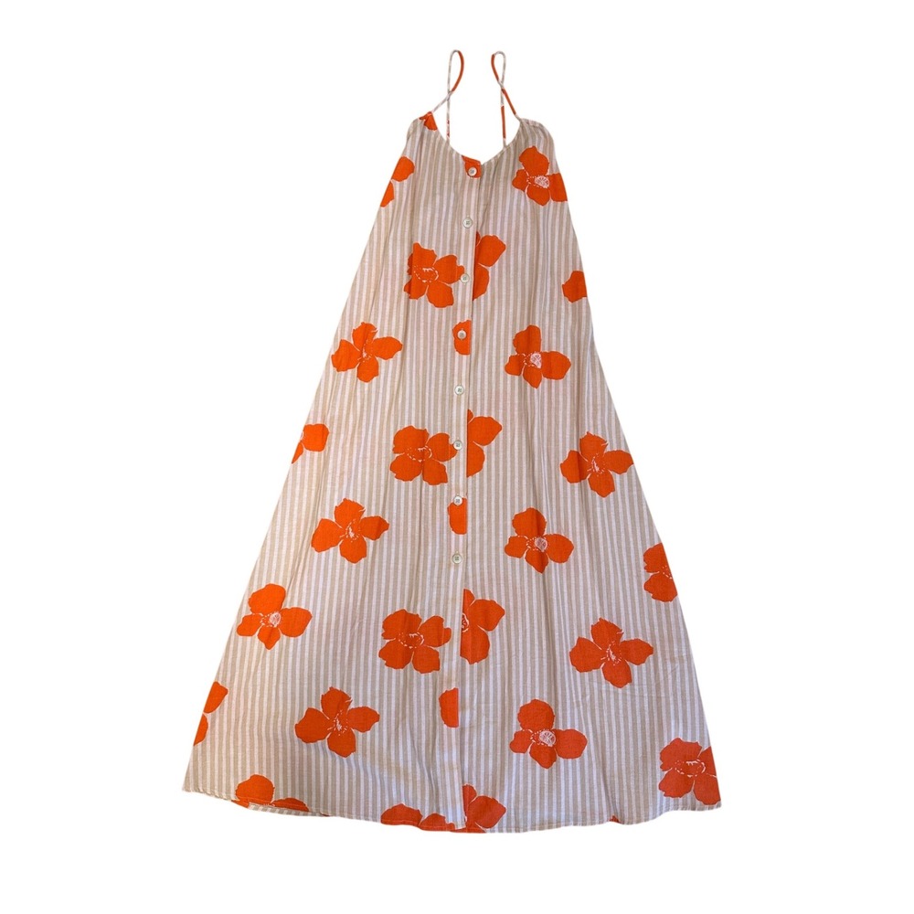 Madewell Poppy Floral Stripe Button Front Tie Back Midi Dress Orange XS - Picture 3 of 12